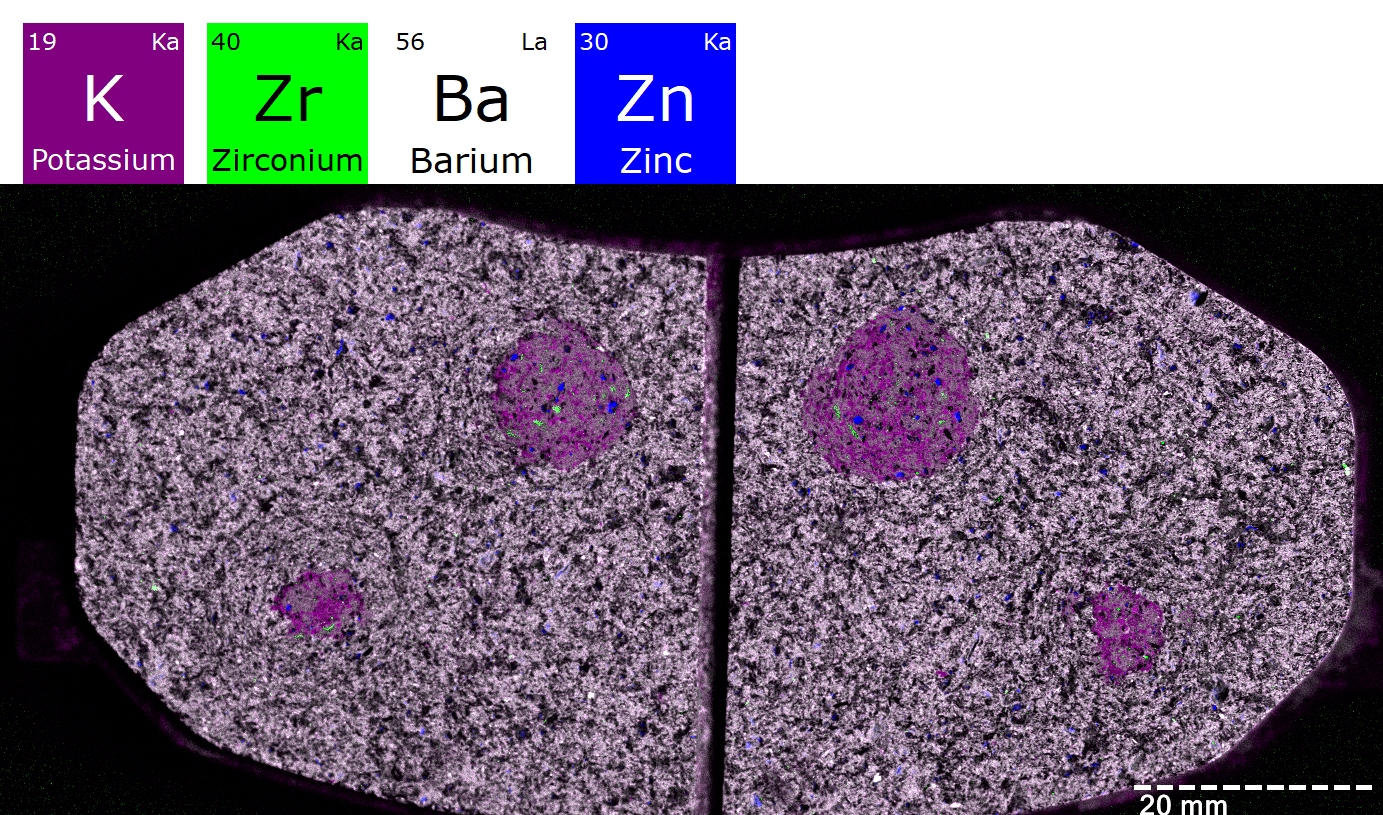 Four-Element MicroXRF Overlay of the Brake-Pad Friction Material Four-element microXRF overlay of automotive brake pads showing potassium in magenta, zirconium in green, barium in white, and zinc in blue, revealing a barium-rich matrix, localized potassium-rich regions, and discrete zirconium- and zinc-rich particles.