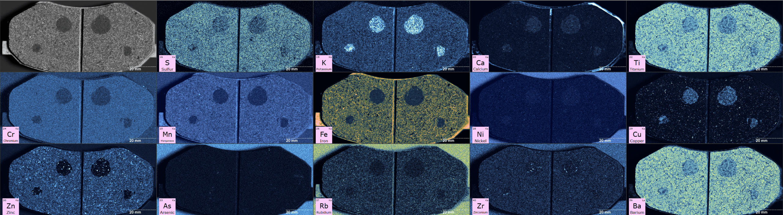 MicroXRF Elemental Mapping of Brake-Pad Friction Material MicroXRF elemental maps of automotive brake pads showing spatial distributions of iron, copper, zinc, barium, titanium, zirconium, sulfur, potassium, calcium and other elements.