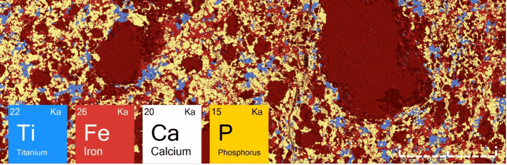 Composite elemental overlays of Ti, Fe, Ca, and P highlight the spatial relationship between Fe–Ti oxides and apatite, constraining the distribution of critical minerals and accessory phosphate phases relevant to resource evaluation.
