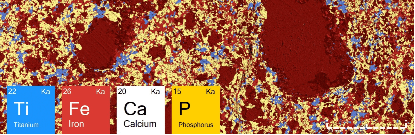 Composite elemental overlays of Ti, Fe, Ca, and P highlight the spatial relationship between Fe–Ti oxides and apatite, constraining the distribution of critical minerals and accessory phosphate phases relevant to resource evaluation.