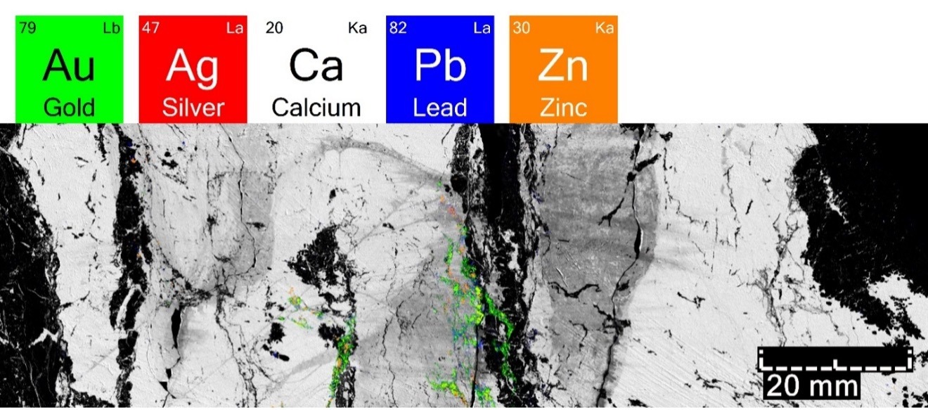 MicroXRF elemental map of bonanza-grade gold mineralization (>100 g/t Au) from the Brucejack deposit, British Columbia. The map shows the spatial distribution of Au and associated pathfinder elements (Ag, Pb, Zn), enabling evaluation of gold deportment as free gold, micro-inclusions, or electrum associated with sulfides. Mineral-scale associations and alteration patterns provide insight into overprinting mineralizing events and support exploration, sampling, and processing optimization.