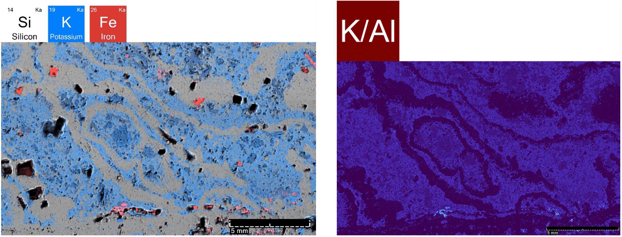 Figure 7. MicroXRF elemental map of a porphyritic intrusion from the Red Hills porphyry system, Philipsburg District, Montana. The map highlights wormy quartz veins (Si-rich) formed from volatile-rich magmatic fluids during the transition from magmatic to hydrothermal conditions, with remnant groundmass textures preserved between veins. Elemental distributions of K, Al, and Fe delineate feldspar- and mica-bearing domains within the host intrusion, recording fluid movement and alteration pathways. Variations in K/Al ratios distinguish primary K-feldspar from hydrothermal muscovite, providing mineral-scale evidence for alteration processes associated with porphyry-style ore formation.