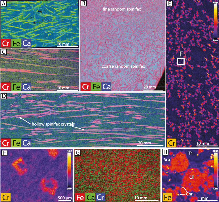 False-color Atlas M microXRF maps showing chromium, iron, calcium, spinifex textures, chromite, and relict olivine in Archean komatiitic basalts from Wyoming.